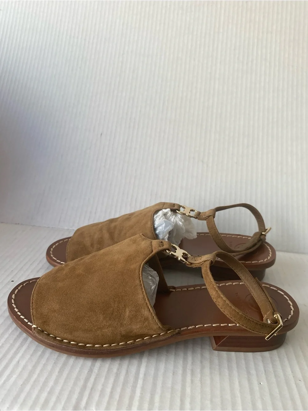 Tory Burch Tan Suede T‑Strap Open‑Toe Slingback Sandals with Gold Logo Accent
